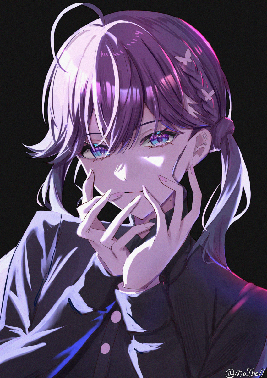 1girl, :|, ahoge, black_background, black_jacket, blue_eyes, closed_mouth, commentary_request
