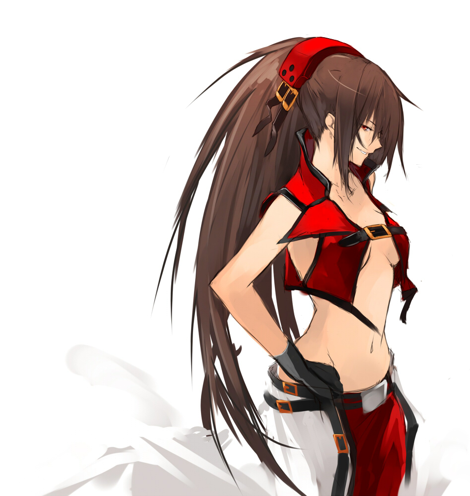 breasts, brown_eyes, brown_hair, cleavage, genderswap, gloves, grin, guilty_gear, hair_over_one_eye, hand_on_hip, hips, long_hair, midriff, navel, ponytail, profile, shin_(anbqqcb), simple_background, smile, sol_badgal, sol_badguy, solo, very_long_hair