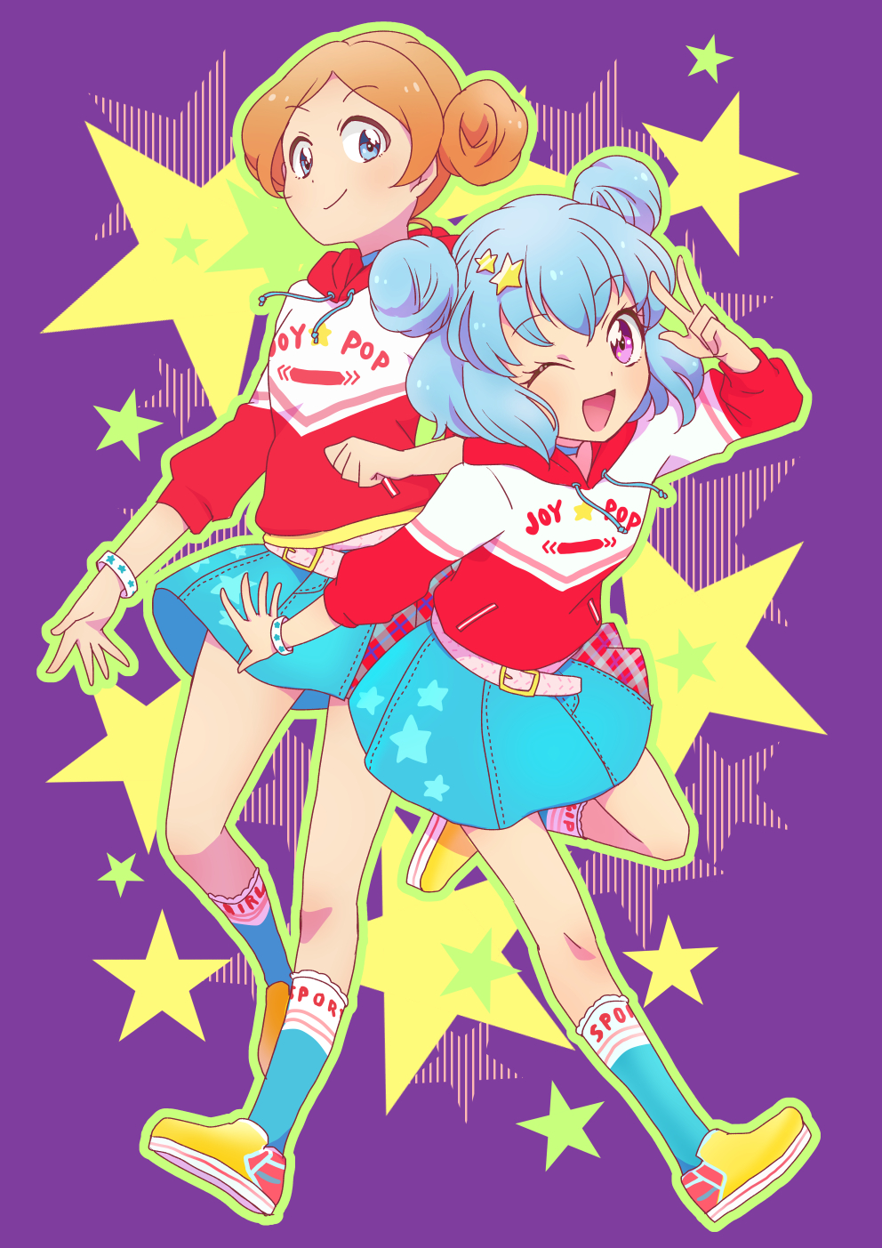 2girls, ;d, aikatsu!_(series), aikatsu_stars!, blue_hair, blue_skirt, blue_socks, bracelet
