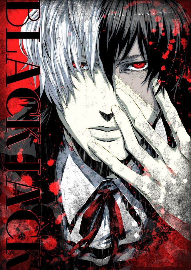 black_jack, black_jack_(copyright), blood, blood_splatter, bust, multicolored_hair, red_eyes, s_tanly