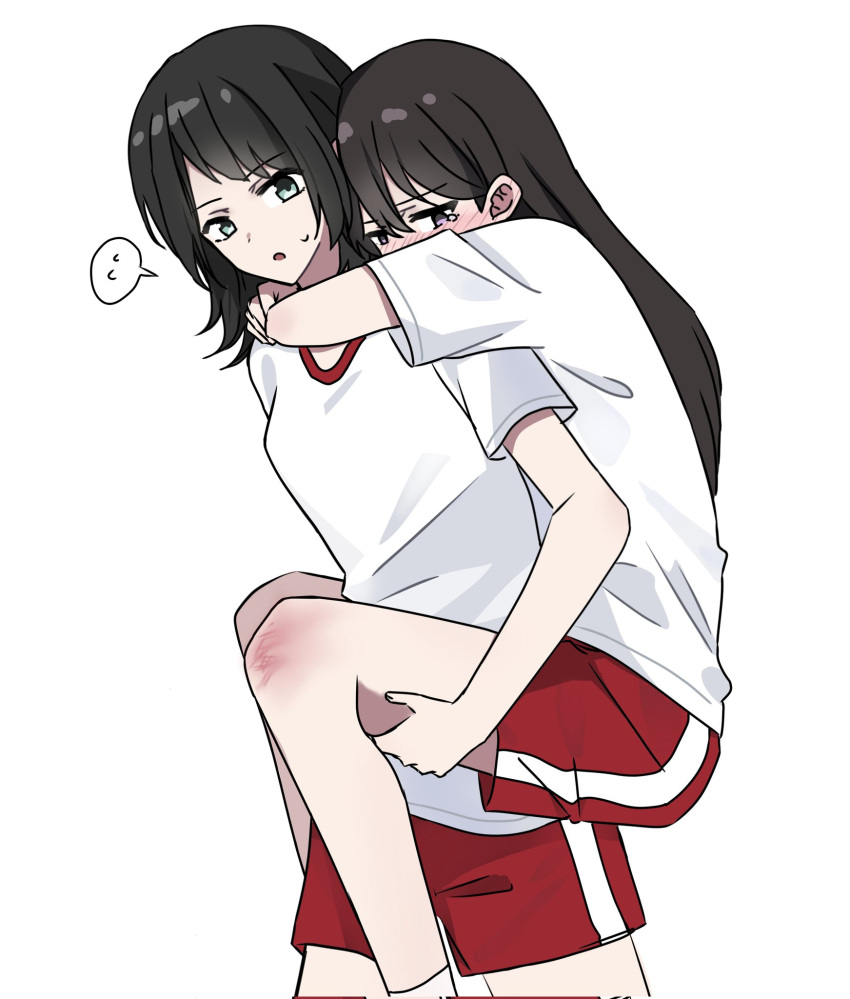 2girls, arms_around_neck, bang_dream!, bang_dream!_it's_mygo!!!!!, black_hair, blue_eyes, bruise, bruise_on_knee
