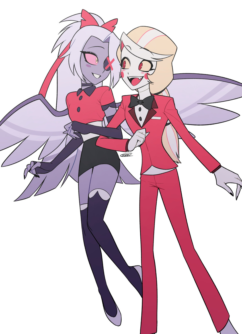 2girls, :d, absurdres, arm_at_side, arm_hug, belt, black_bow, black_bowtie