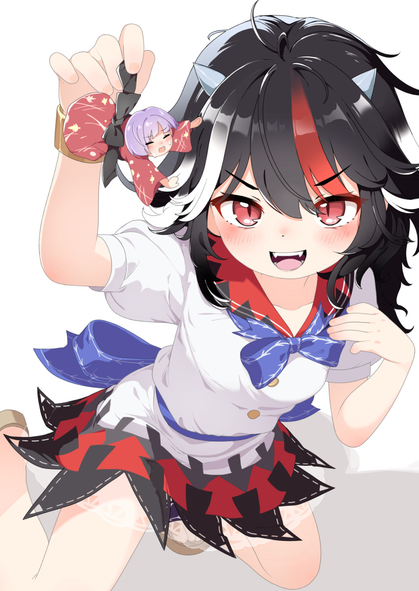 2girls, :d, black_hair, black_skirt, breasts, chinese_commentary, closed_eyes, commentary_request