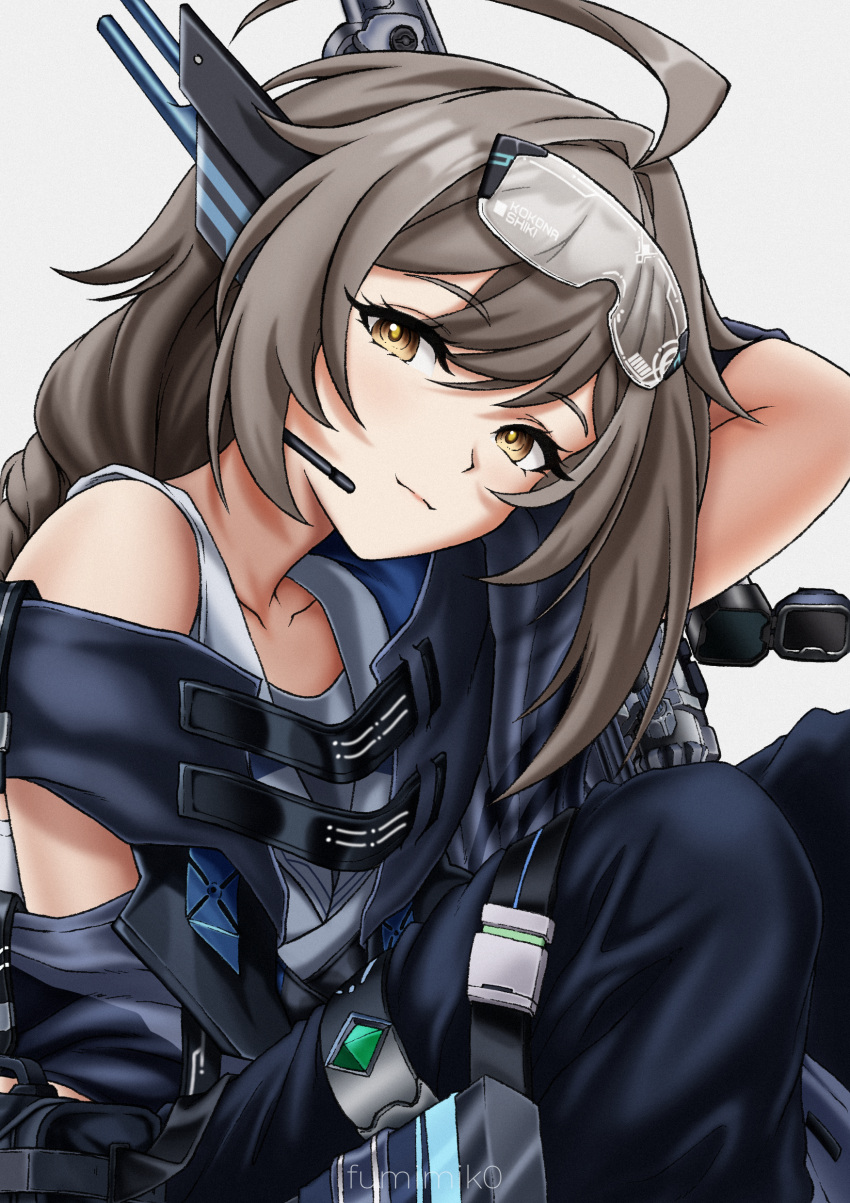 1girl, absurdres, ahoge, brown_hair, closed_mouth, eyewear_on_head, fumimiko16, highres
