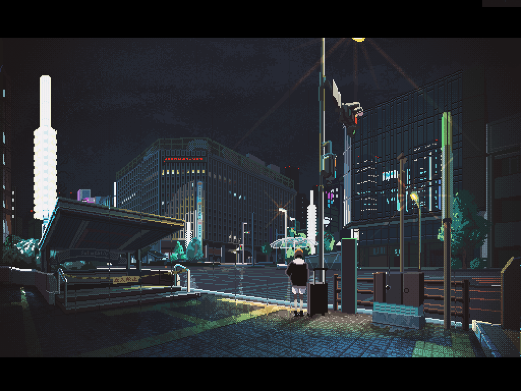 1girl, animated, animated_gif, brown_hair, building, car, city, city_lights