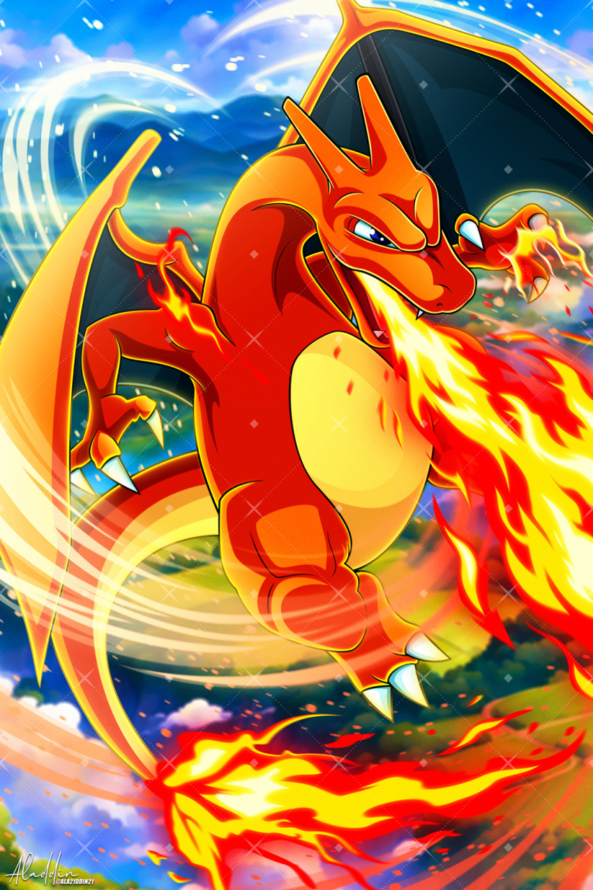 aladdin_(ala21ddin21), bilingual_commentary, blue_eyes, breath_weapon, breathing_fire, charizard, claws, dragon