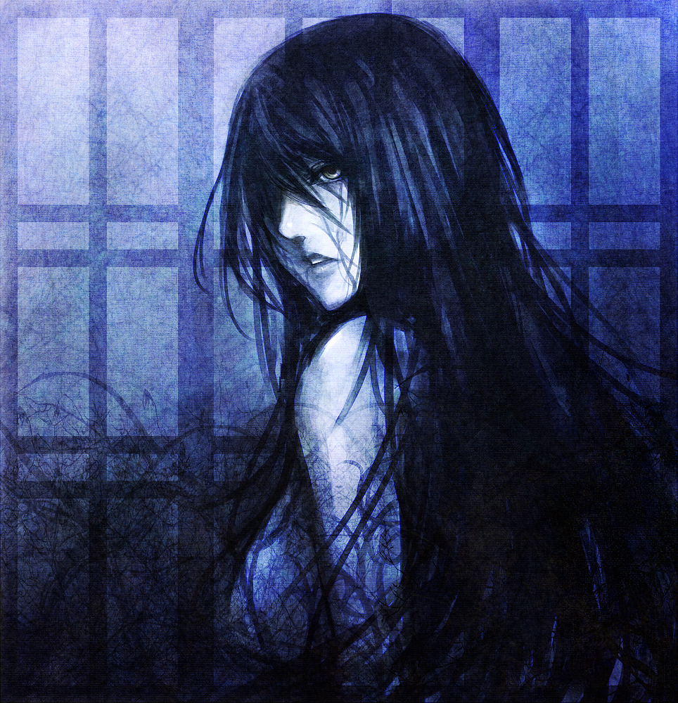 black_hair, fatal_frame, fatal_frame_3, hair_over_one_eye, long_hair, ryo_@_i'm_a_cold_pc, sasaki_ryou, solo, tattoo, yukishiro_reika