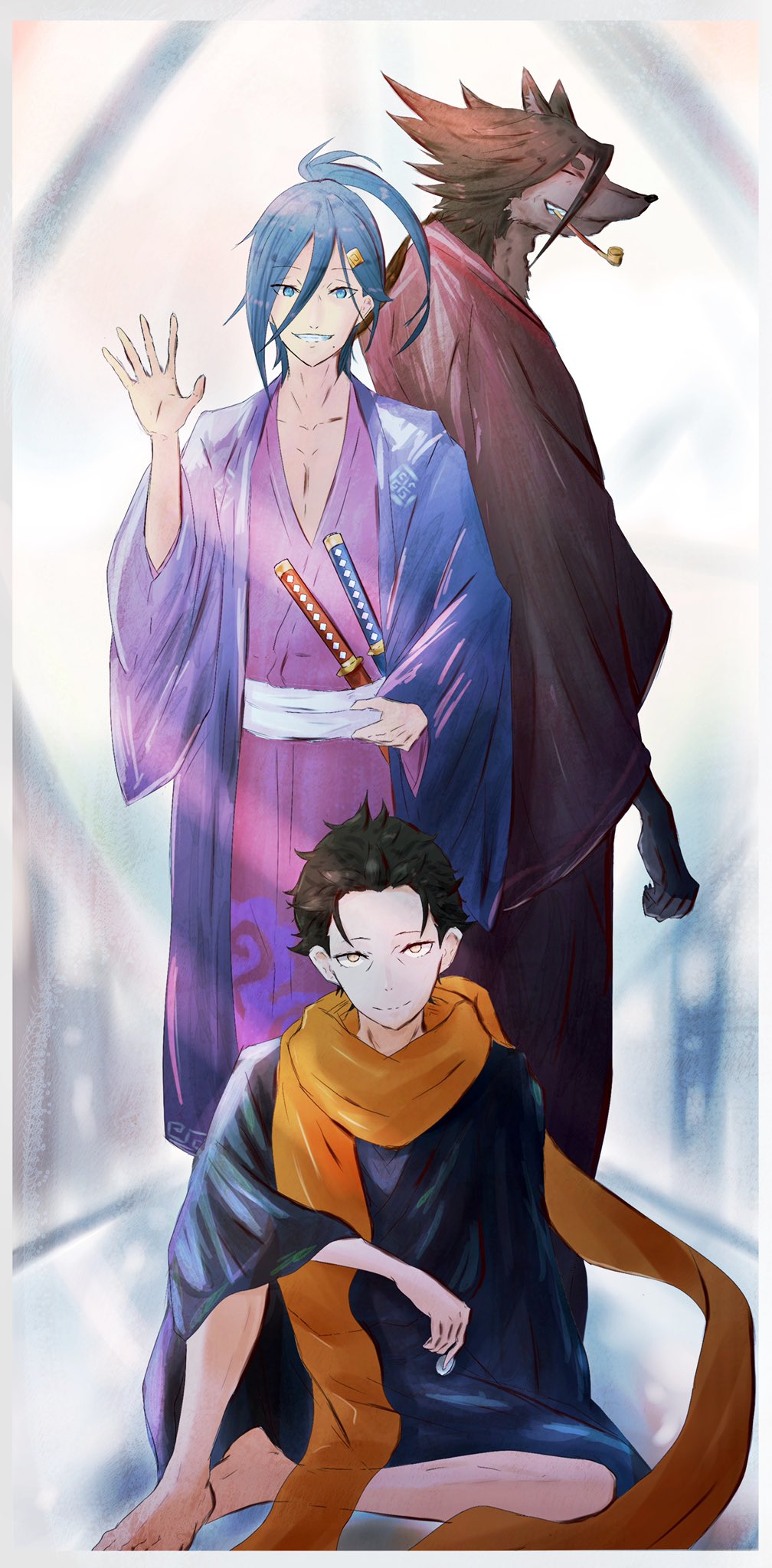 3boys, animal_ears, arm_on_knee, black_hair, blue_eyes, blue_hair, cecilus_segmunt, commentary_request
