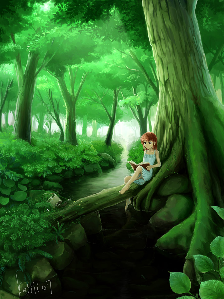 book, brown_hair, dress, forest, kajiji, nature, original, reading, scenery, short_hair, sitting, solo, stream, water, white_dress