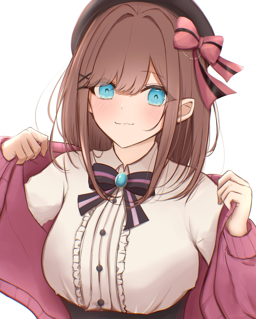 1girl, absurdres, alternate_eye_color, beret, black_bow, black_hat, black_ribbon, blue_eyes