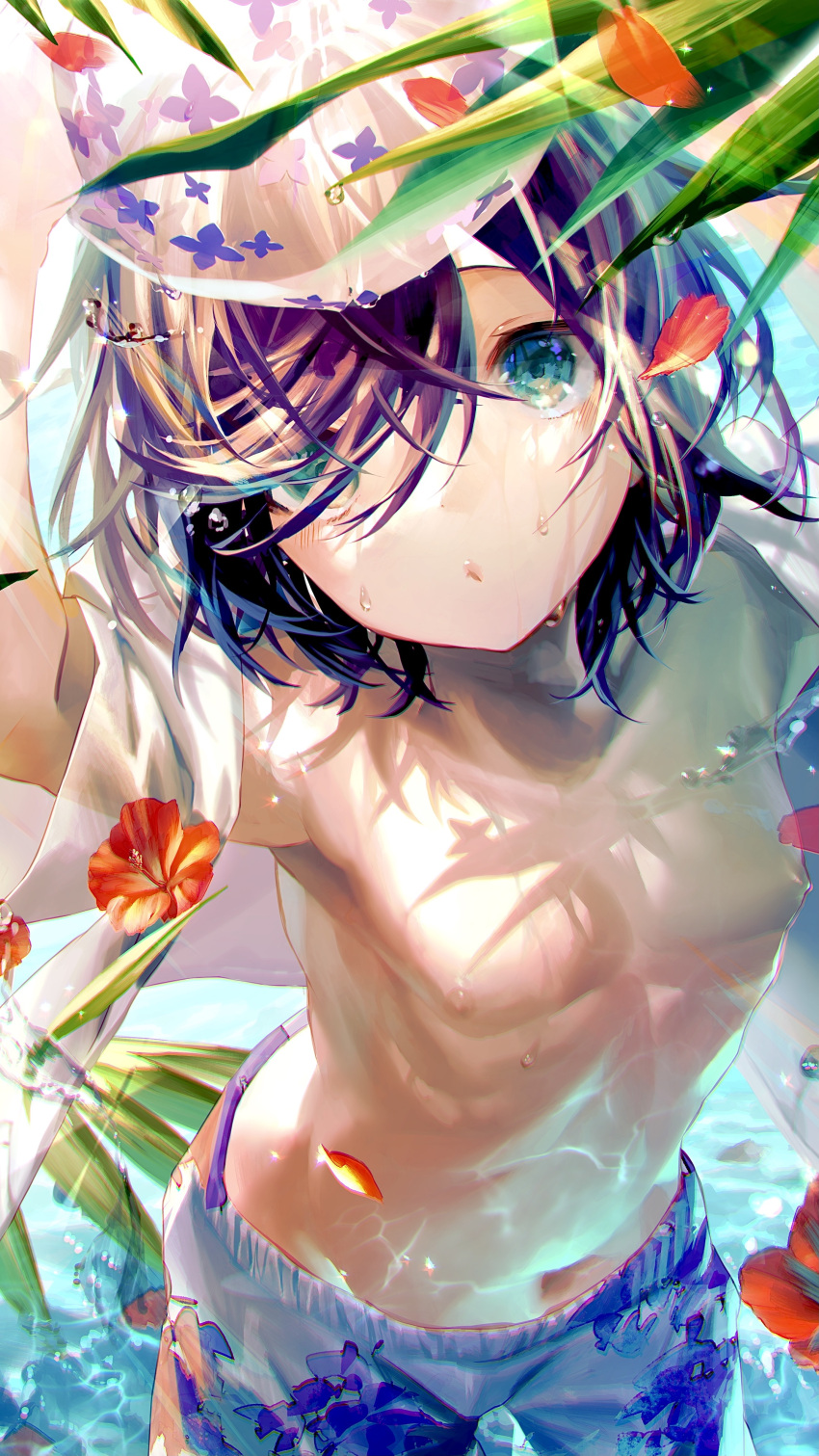 1boy, absurdres, armpits, arms_up, ball, bare_pectorals, bishounen, blue_eyes