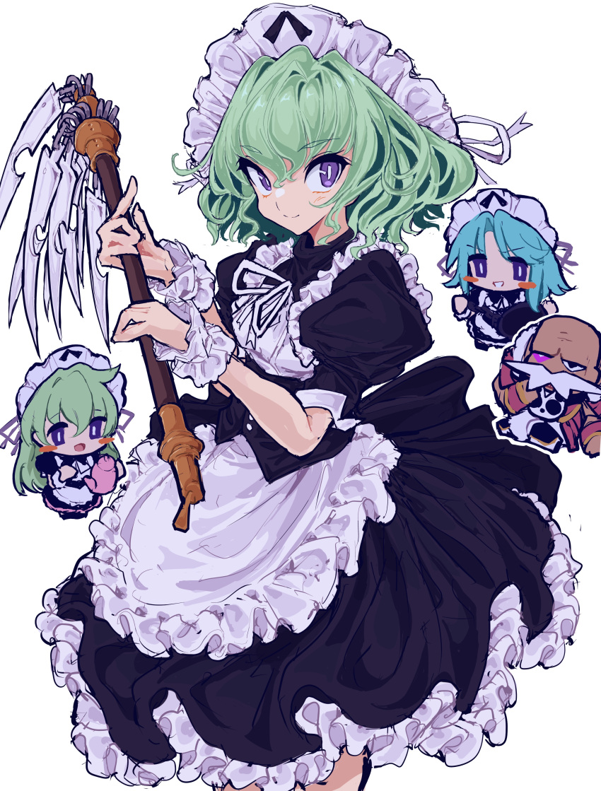 1boy, 3girls, absurdres, apron, aqua_hair, bald, black_dress, black_eyes
