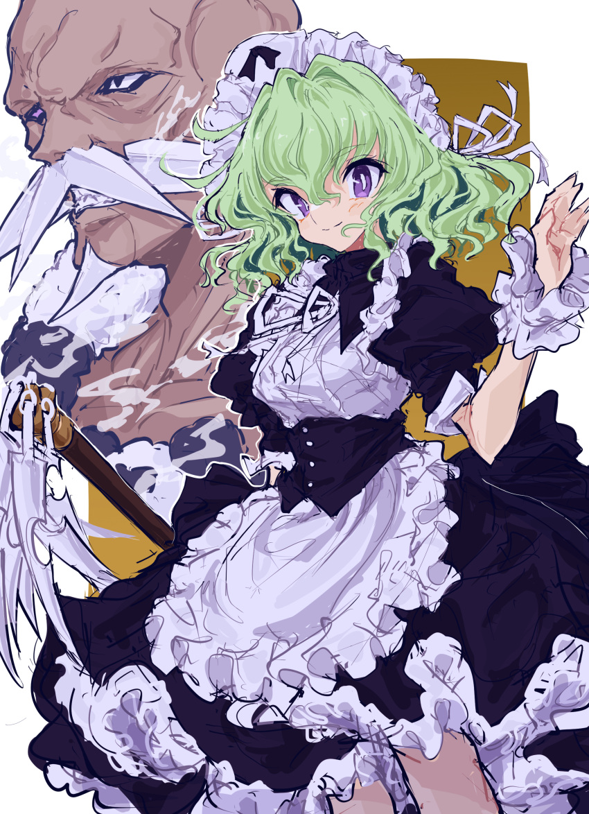 1boy, 1girl, absurdres, apron, bald, black_dress, black_eyes, clenched_teeth