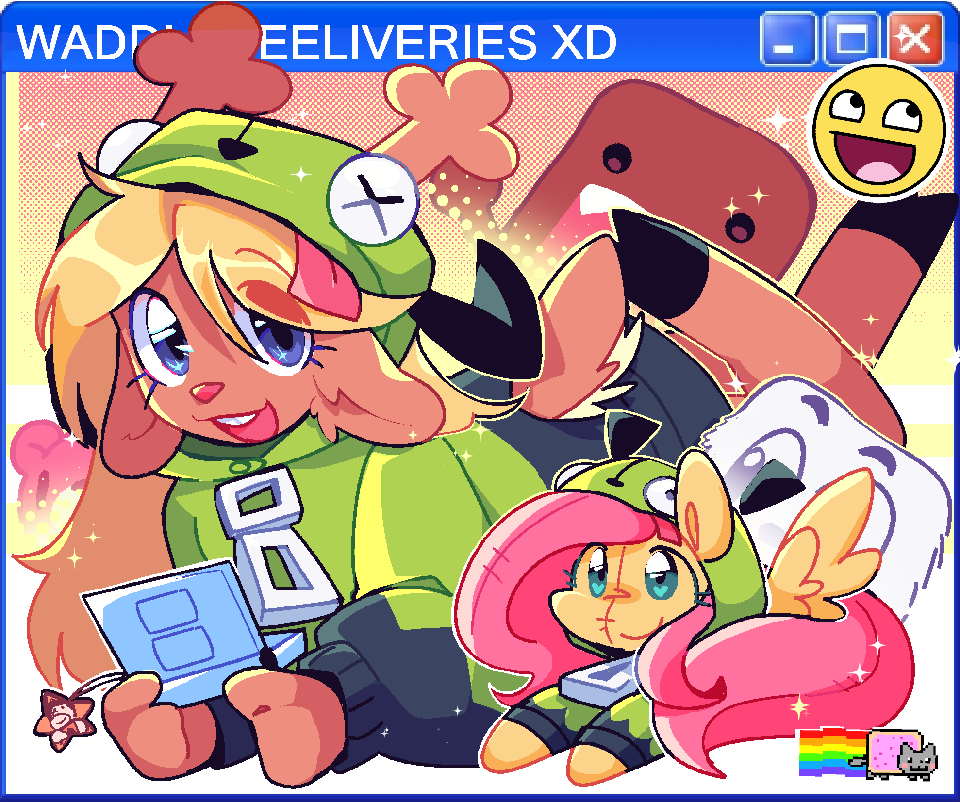 2girls, antlers, antonymph, awesome_face, blonde_hair, brown_fur, character_charm, charm_(object), cosplay, deer_girl, deltarune, domo-kun, fluttershy, fred_flintstone, furry, furry_female, gir_(dog_costume)_(invader_zim), gir_(invader_zim), gir_(invader_zim)_(cosplay), gloomy_bear, handheld_game_console, highres, horns, itazuraguma_no_gloomy, multiple_girls, nhk_(broadcaster), nintendo_ds, noelle_holiday, pegasus, pikamimikirby-77, reindeer_antlers, reindeer_girl, siivagunner, stuffed_toy, utdr_(toby_fox), window_(computing)