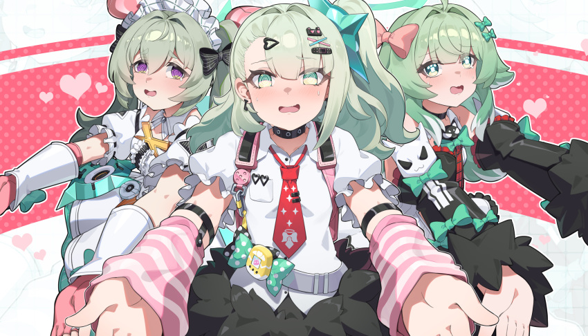 3girls, @_@, absurdres, angels_of_delusion, aria_(zenless_zone_zero), aria_(zenless_zone_zero)_(cosplay), arm_warmers, bag
