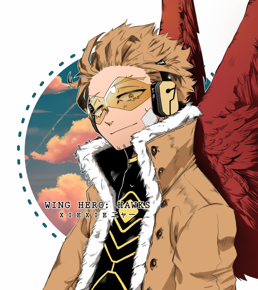 1boy, bandaid, bandaid_on_cheek, bandaid_on_face, beard_stubble, black_bodysuit, blonde_hair, bodysuit, boku_no_hero_academia, border, brown_coat, character_name, closed_mouth, clouds, cloudy_sky, coat, commentary, english_commentary, facial_hair, feathered_wings, fur-trimmed_coat, fur_trim, glasses, hair_slicked_back, hawks_(boku_no_hero_academia), headphones, highres, jekjekxie, male_focus, red_wings, short_hair, sky, smile, solo, stubble, sweatdrop, tinted_eyewear, upper_body, white_border, wings, yellow-tinted_eyewear
