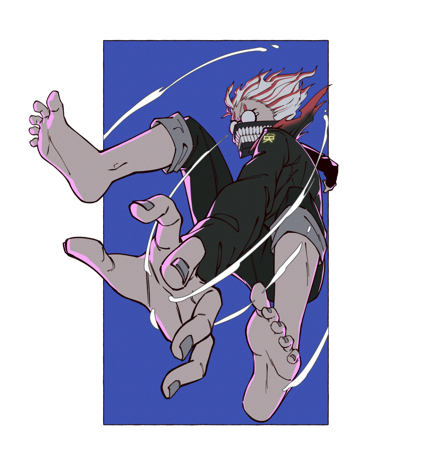 1boy, absurdres, barefoot, black_jacket, black_pants, blue_background, border, colored_skin