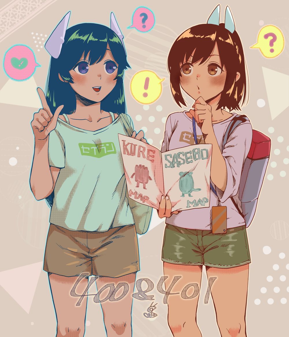 2girls, ?, alternate_color, black_hair, blue_eyes, blue_shirt, brown_eyes, brown_hair