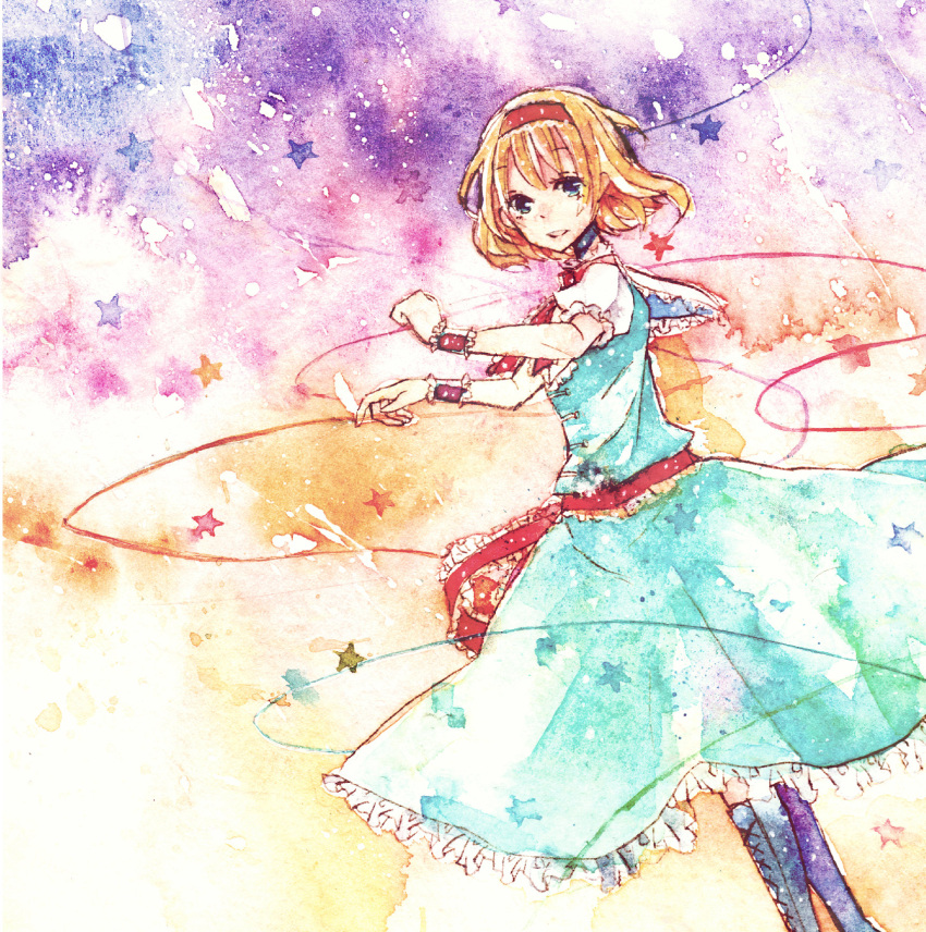 alice_margatroid, blonde_hair, blue_eyes, boots, capelet, dress, hairband, highres