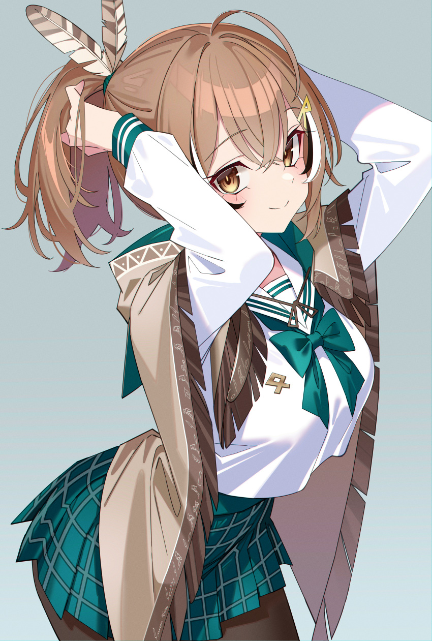 1girl, absurdres, adjusting_hair, aqua_bow, aqua_bowtie, bine_kun, black_pantyhose, black_skirt