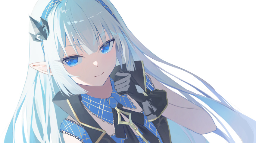 1girl, absurdres, black_gloves, blue_dress, blue_eyes, commentary_request, dress, elf