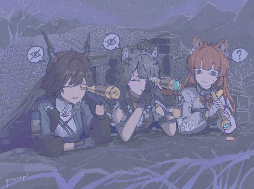 3girls, akekuri_(arknights), animal_ears, arknights, arknights:_endfield, artist_name, black_gloves, black_hair