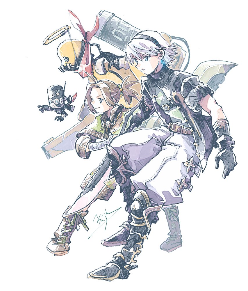 2boys, armored_boots, artist_name, black_boots, black_gloves, black_hairband, black_jacket, boots