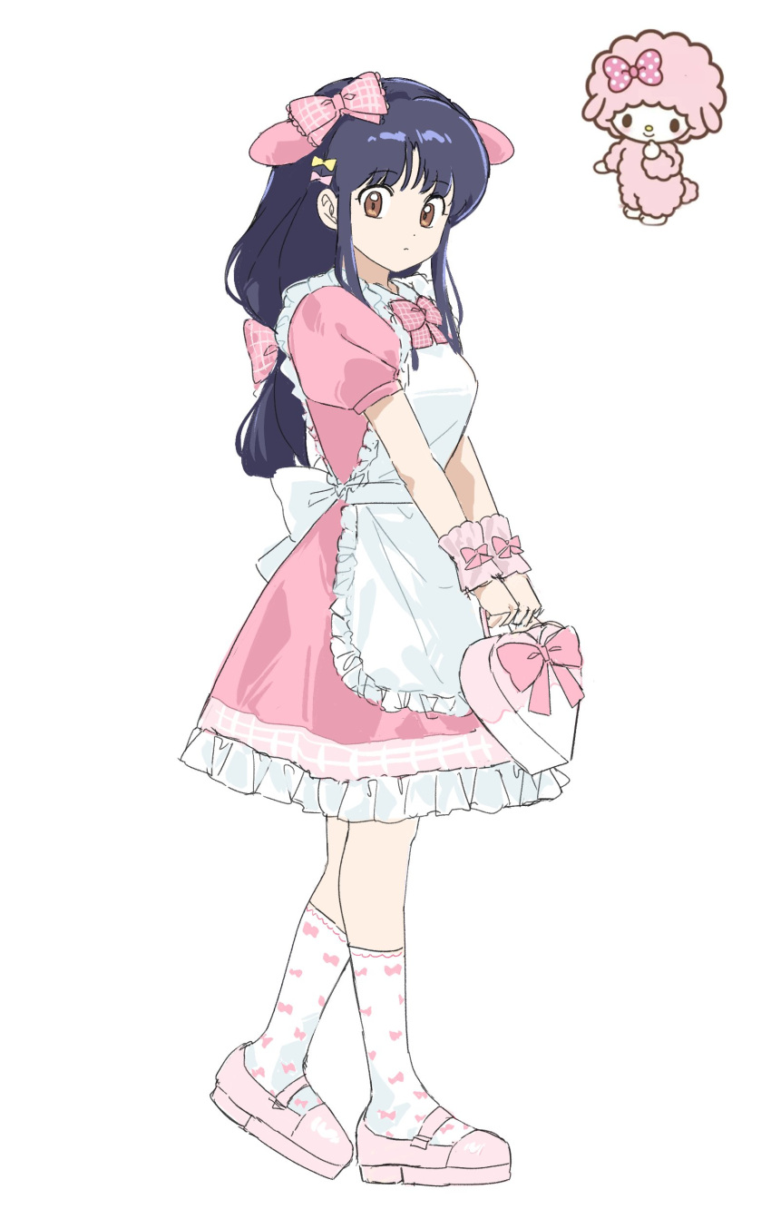 88_77k, absurdres, apron, back_bow, bag, blue_hair, bow, brown_eyes