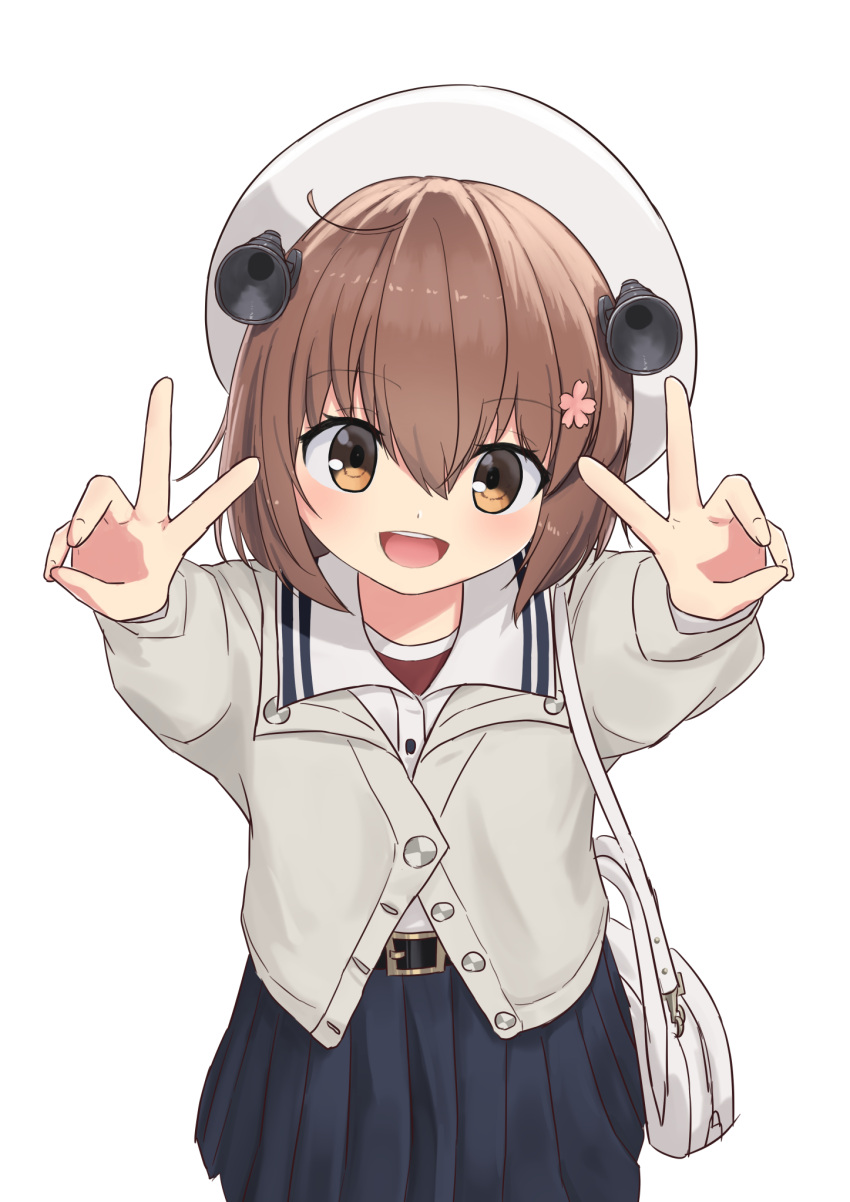 1girl, bag, beret, black_skirt, brown_eyes, brown_hair, cardigan, collared_shirt