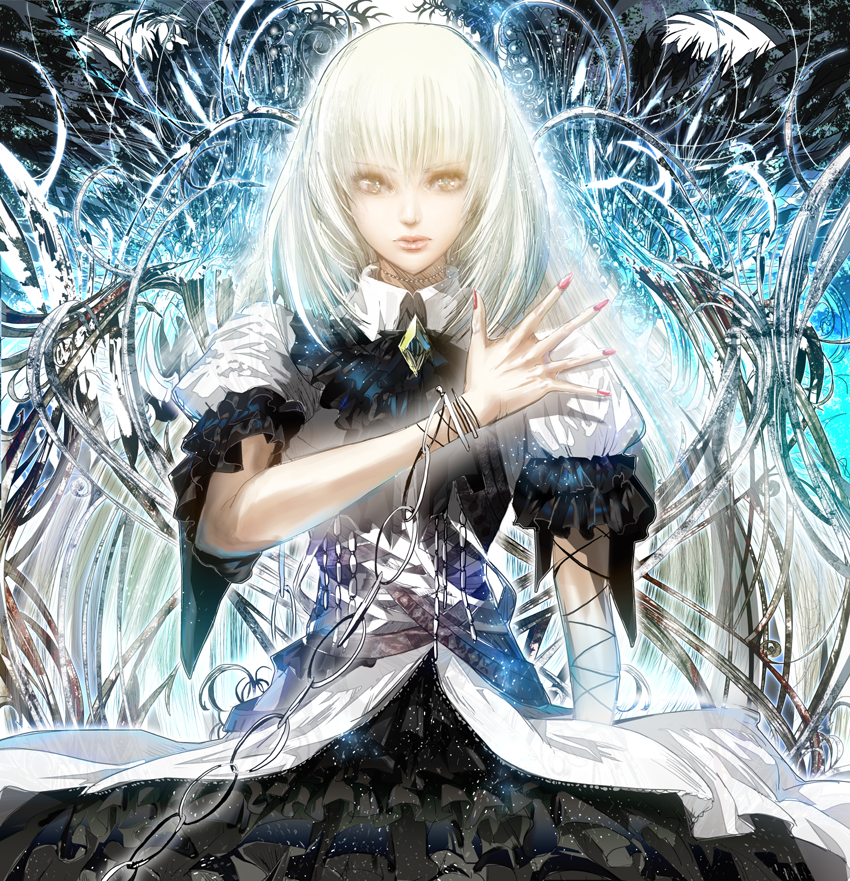 chains, dress, nail_polish, original, short_hair, solo, tanupo, white_hair