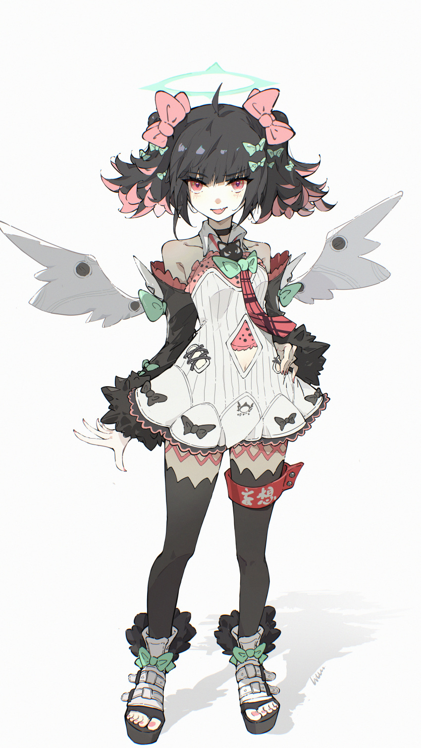 1girl, absurdres, ahoge, angel_wings, angels_of_delusion, artist_name, bare_shoulders, black_hair
