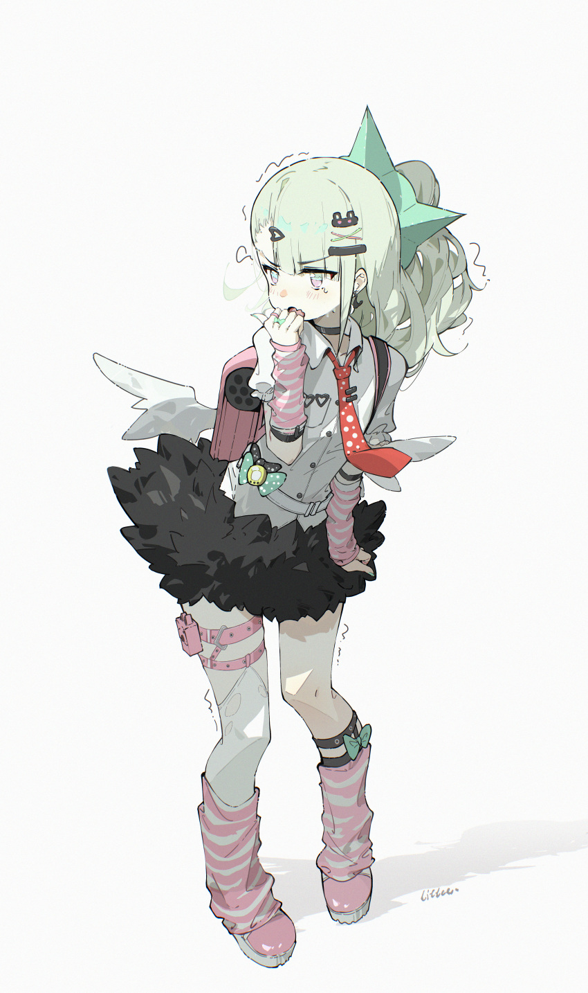 1girl, absurdres, angel_wings, angels_of_delusion, arm_warmers, artist_name, backpack, bag