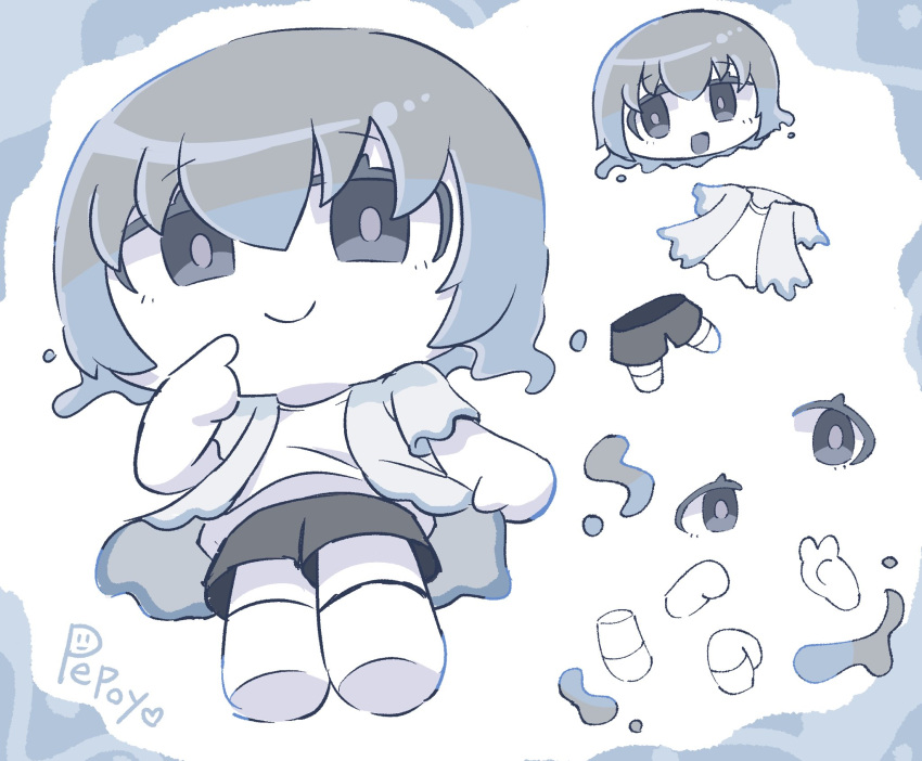 1other, :d, arm_at_side, artist_name, asa_(vocaloid), bare_arms, black_shorts, blue_border, blue_hair, border, bright_pupils, chibi, chibi_only, closed_mouth, colored_skin, colored_tips, commentary_request, double-parted_bangs, finger_to_cheek, from_below, full_body, grey_eyes, grey_hair, hair_between_eyes, heart, highres, index_finger_raised, jacket, looking_at_viewer, multicolored_hair, multiple_views, no_nose, open_clothes, open_jacket, other_focus, pepoyo, shirt, short-sleeved_jacket, short_hair, short_sleeves, shorts, simple_background, smile, socks, standing, tongue, two-tone_hair, vocaloid, white_background, white_jacket, white_shirt, white_skin, white_socks