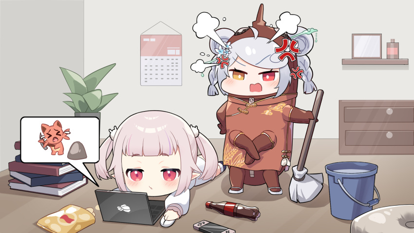 2girls, :3, ahoge, anger_vein, animal_costume, at_computer, bag_of_chips, blush
