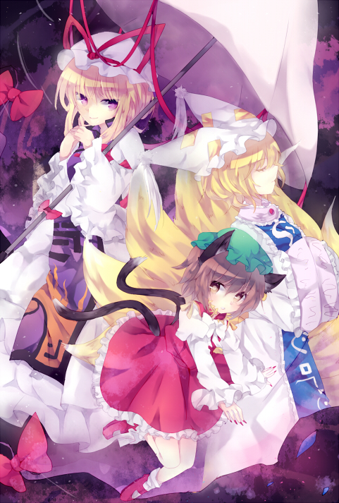 animal_ears, bad_id, blonde_hair, bow, brown_hair, cat_ears, cat_tail, chen