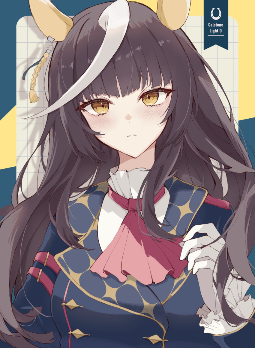 1girl, ahoge, animal_ears, ascot, black_hair, blue_jacket, blush, buttons