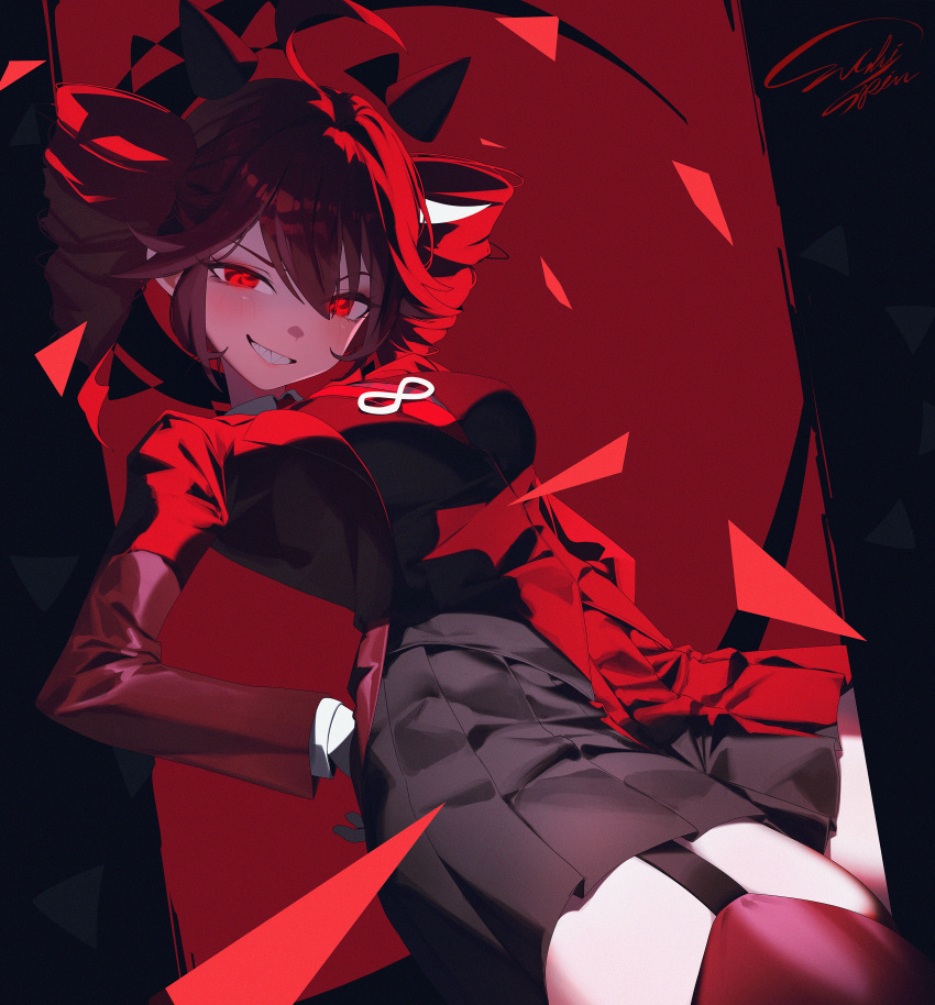 1girl, absurdres, ahoge, black_shirt, black_skirt, blush, collared_shirt, commentary