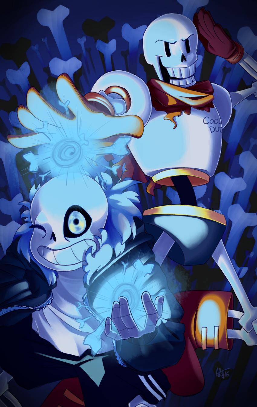 2016, 2boys, 2d, armor, black_background, black_shorts, blue_jacket, blue_shorts, bone, boots, brothers, cape, clothes_writing, commentary, dark, dark_background, deggey, deviantart_sample, digital_media, double_vertical_stripe, drawstring, duo, english_commentary, fur-trimmed_jacket, fur_trim, gloves, glowing, glowing_eye, height_difference, highres, hollow_eyes, humanoid, image_sample, jacket, long_sleeves, male, male_focus, male_only, monster, monster_boy, multiple_boys, open_clothes, open_jacket, outstreched_arm, papyrus_(undertale), pink_slippers, red_boots, red_cape, red_gloves, sans_(undertale), shorts, siblings, signature, simple_background, skeleton, slippers, socks, striped_shorts, sweater, teeth, undead, undertale, utdr_(toby_fox), vertical-striped_clothes, vertical-striped_shorts, white_armor, white_socks, white_stripes, white_sweater