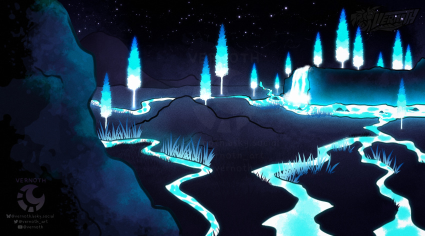 2025, 2d, artist_logo, artist_name, bluesky_logo, bluesky_username, commentary, digital_media, english_commentary, glowimg, glowing, grass, in-universe_location, nature, no_humans, outdoors, river, scenery, signature, tree, twitter_logo, twitter_username, undertale, utdr_(toby_fox), vernoth, water, waterfall, waterfall_(undertale)