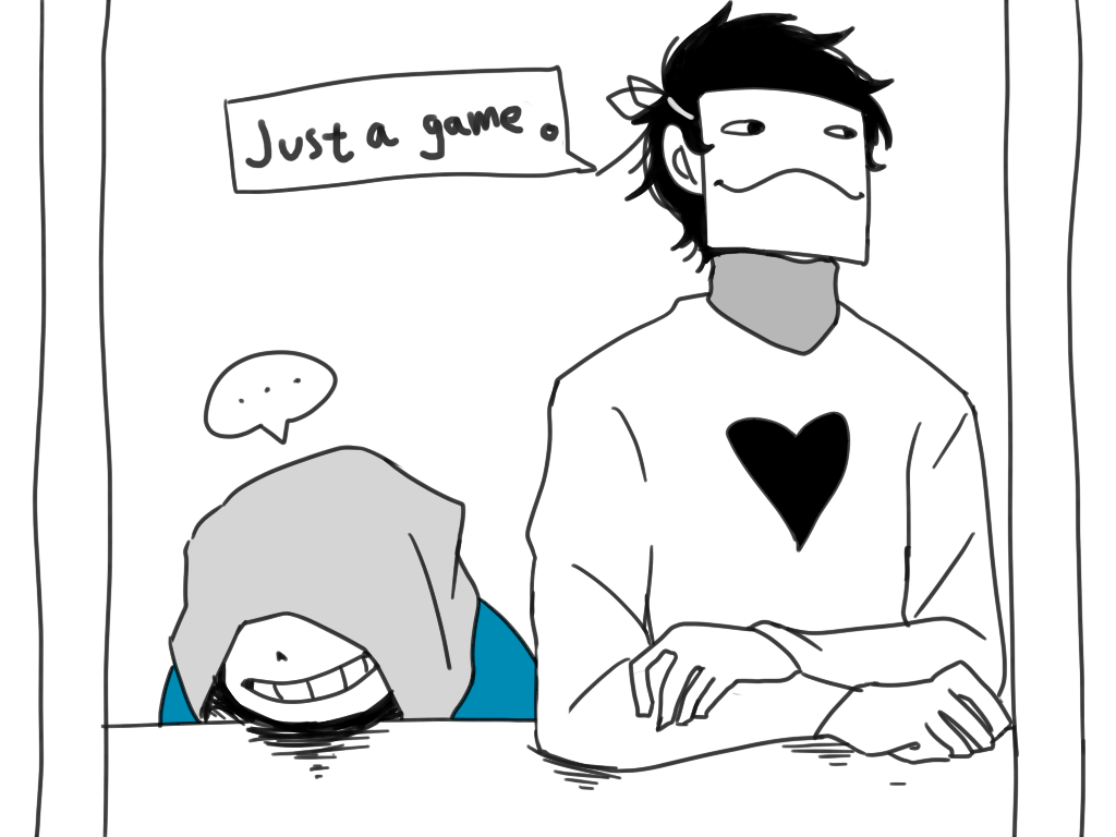 ..., 2016, 2boys, 2d, arm_rest, blue_jacket, commentary, crossed_arms, crossover, digital_media, duo, english_commentary, english_text, grey_hood, heart_print, hood, hood_up, hooded_jacket, humanoid, jacket, kophnar352_(discoice), long_sleeves, male, male_focus, male_only, mask, monochrome, monster, monster_boy, multiple_boys, off_(game), open_clothes, open_jacket, print_shirt, sans_(undertale), shadow, shirt, short_hair, sideways_glance, simple_background, skeleton, speech_bubble, spoken_ellipsis, t-shirt, teeth, text, undead, undertale, upper_body, utdr_(toby_fox), white_background, white_shirt, zacharie_(off)