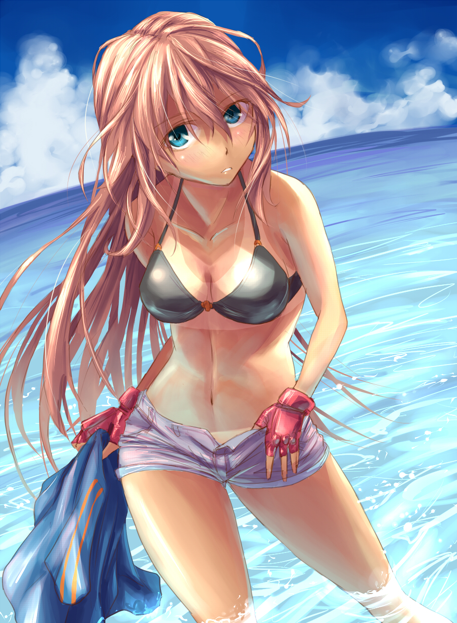 aqua_eyes, bra, breasts, cleavage, cloud, fingerless_gloves, gloves, highres