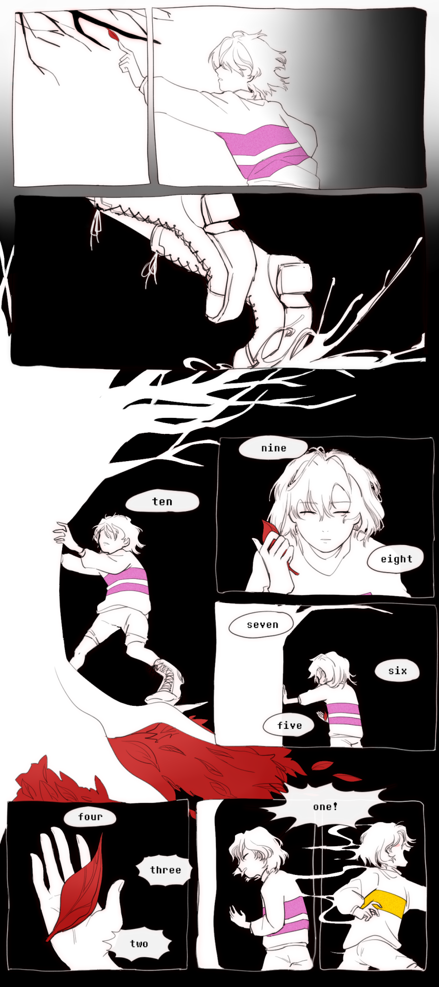 2019, 2d, 2others, ambiguous_gender, black_background, boots, brown_hair, chara_(undertale)
