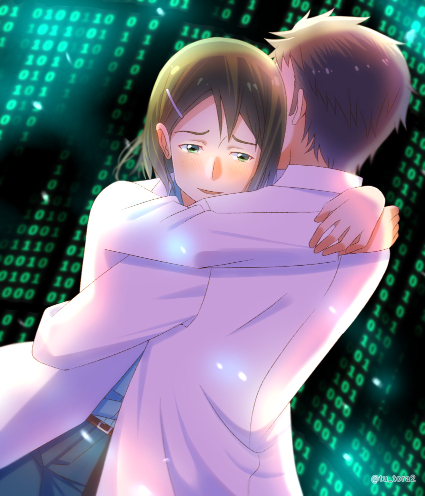 1boy, 1girl, absurdres, artist_name, binary, black_hair, blue_pants, blush