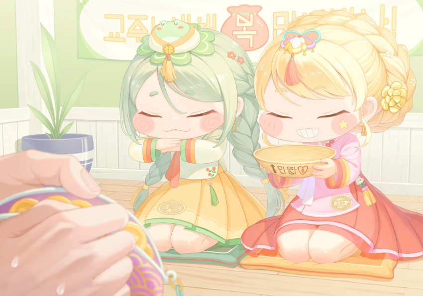2girls, absurdres, alternate_costume, alternate_hairstyle, blonde_hair, blurry, blurry_foreground, blush_stickers