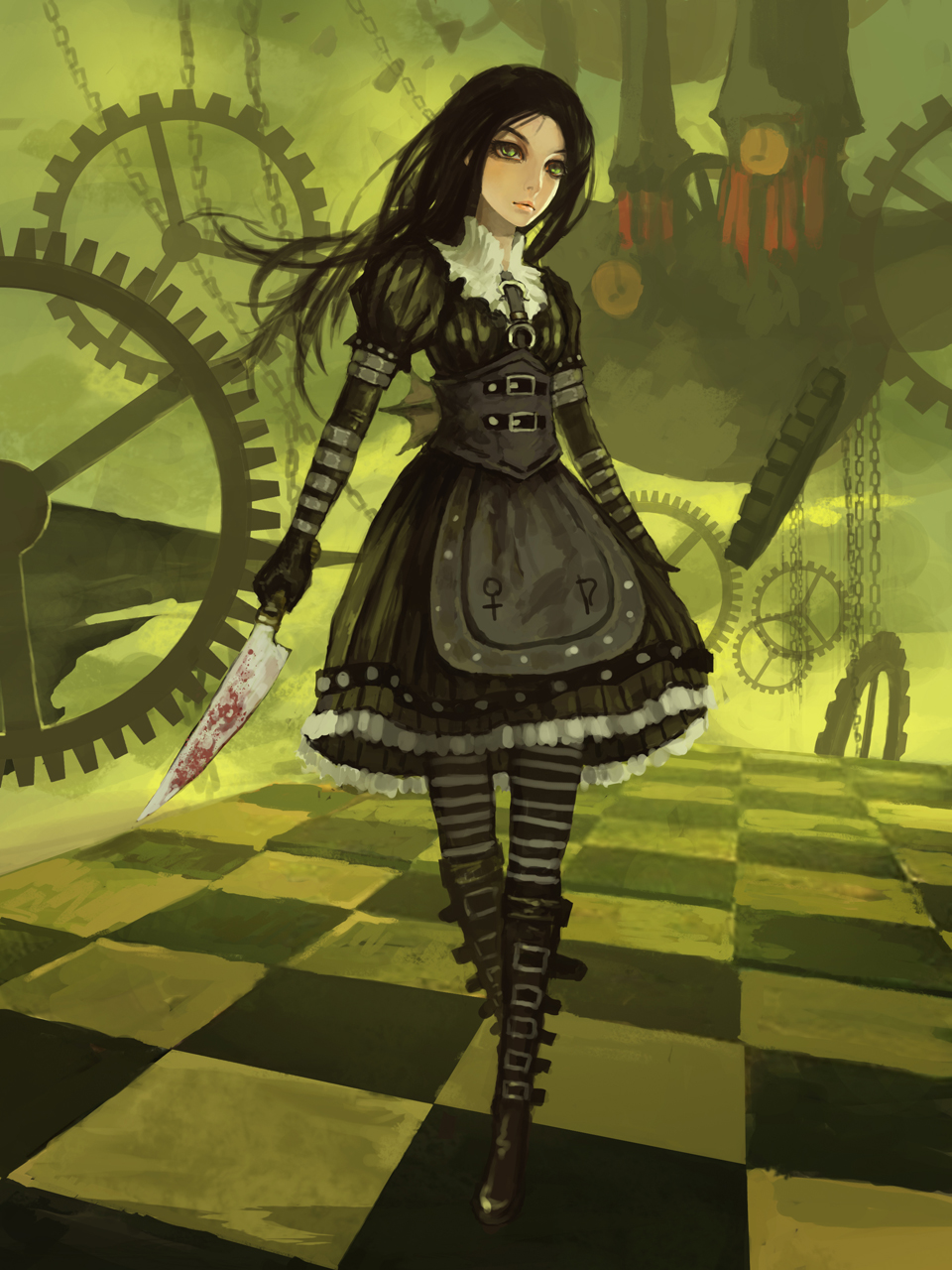 alice_(wonderland), alice_in_wonderland, alternate_costume, american_mcgee's_alice, black_hair, blood, boots, gjred