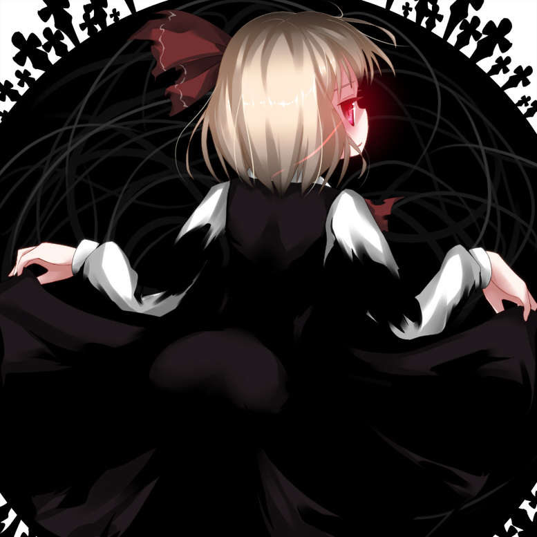 ass, blonde_hair, cross, darkness, dress, from_behind, glowing, glowing_eyes