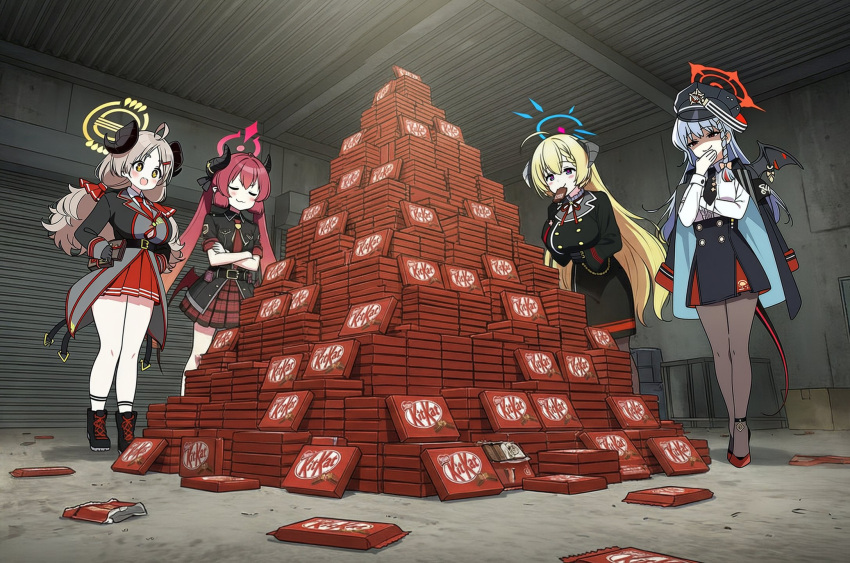 2026_kitkat_heist, 4girls, akari_(blue_archive), belt, black_belt, black_shoes, black_skirt, blonde_hair, blue_archive, blue_hair, blue_halo, brown_hair, brown_pantyhose, garage, halo, haruna_(blue_archive), highres, horns, izumi_(blue_archive), junko_(blue_archive), kitkat, multiple_girls, neck_ribbon, necktie, pantyhose, ponconyan, purple_halo, red_hair, red_halo, red_shoes, red_skirt, ribbon, shoes, skirt, wings, yellow_halo