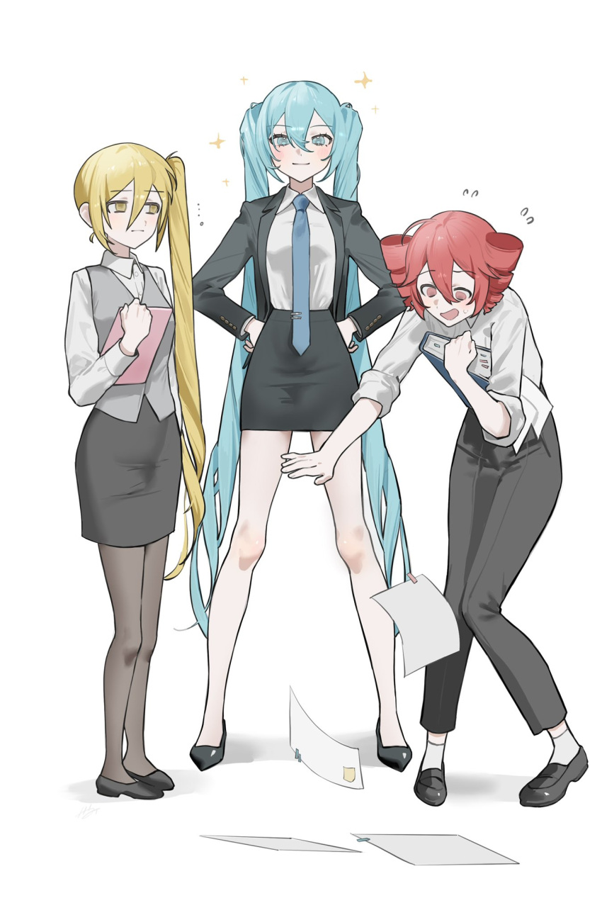 ..., 3girls, ahoge, akita_neru, aqua_eyes, aqua_hair, bare_legs, black_coat