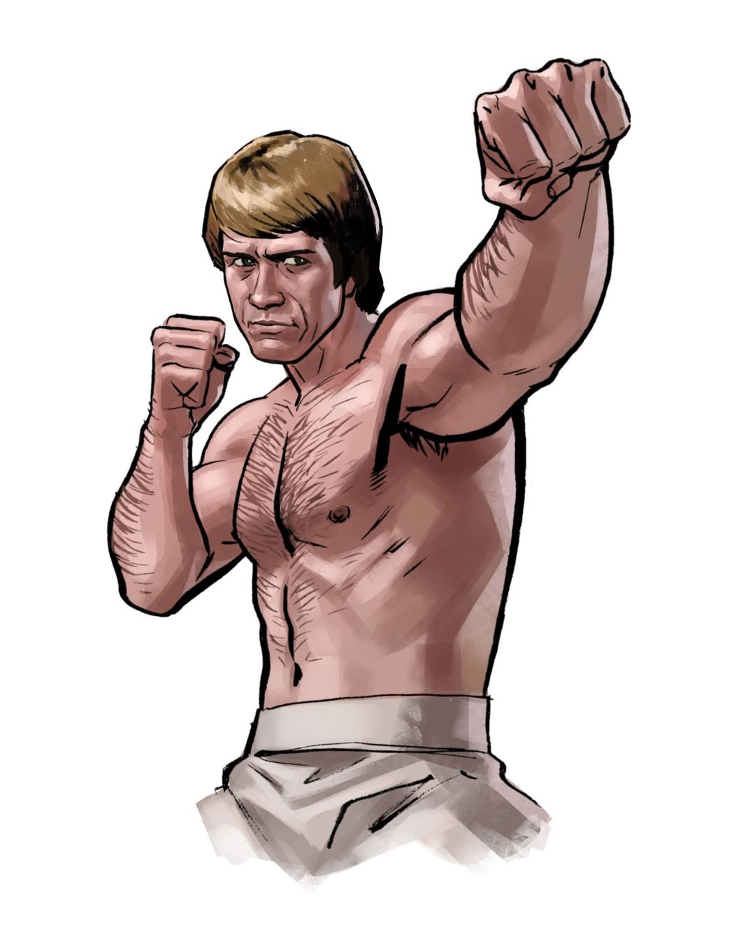 1boy, arm_hair, artoftu, brown_hair, chest_hair, chuck_norris, clenched_hands, colt_(the_way_of_the_dragon)
