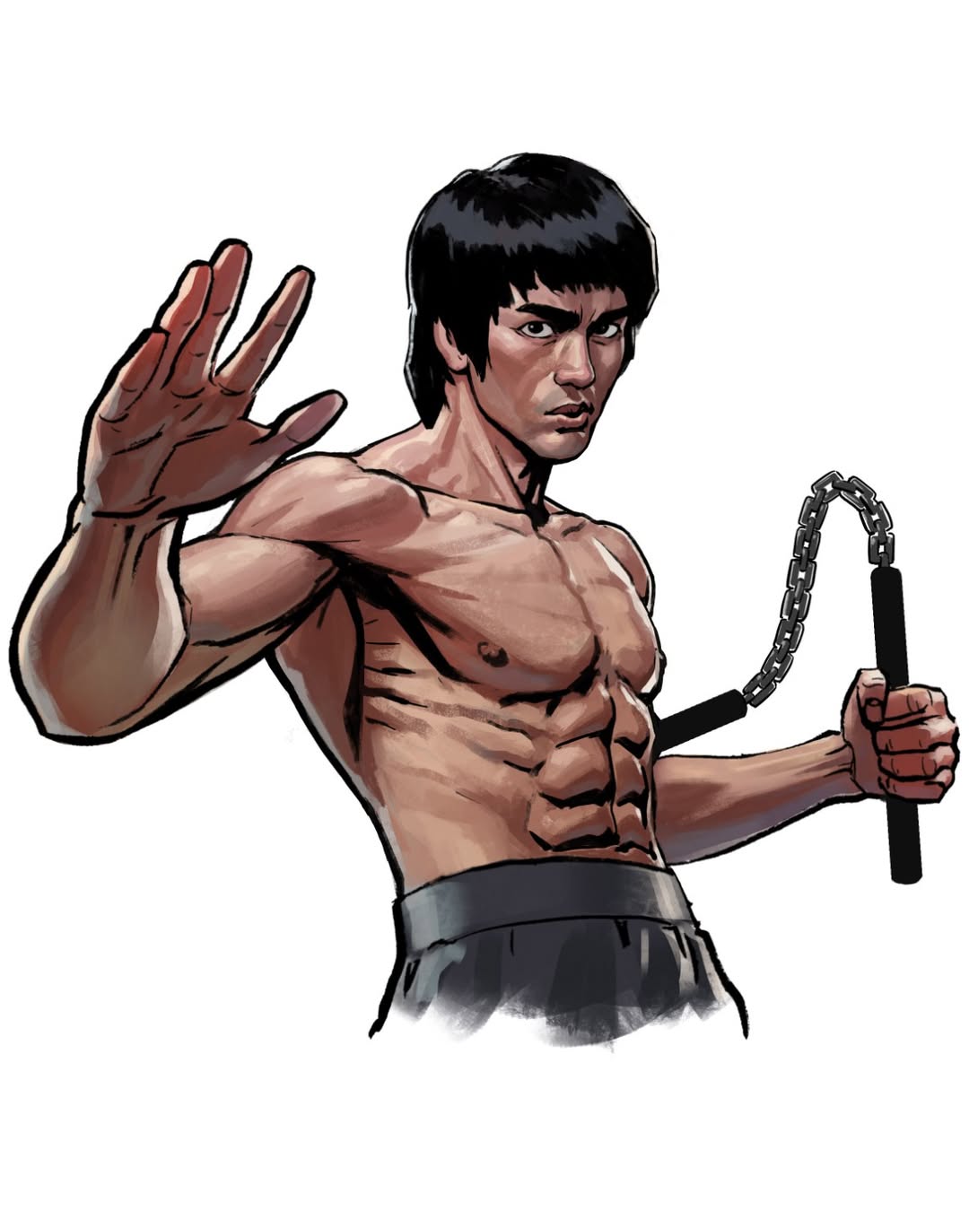 1boy, abs, artoftu, black_pants, bruce_lee, commentary, copyright_name, highres, holding, holding_weapon, male_focus, pants, short_hair, simple_background, solo, tang_lung, the_way_of_the_dragon, topless_male, weapon, white_background